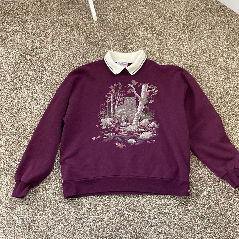 Vintage 90s 80s Morning Sun Purple Racoon Forest Collared Sweatshirt Large - Picture 8 of 12